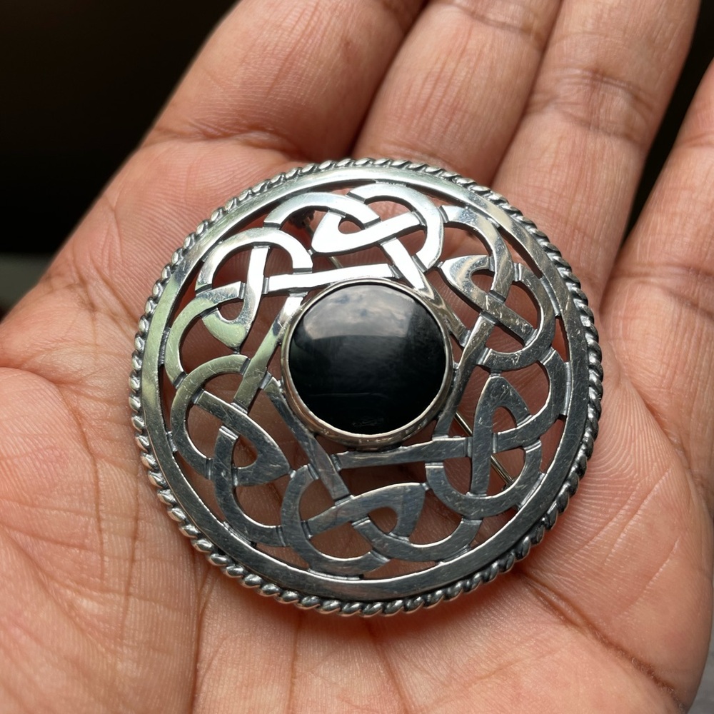 Celtic Onyx Dress Brooch in Sterling Silver